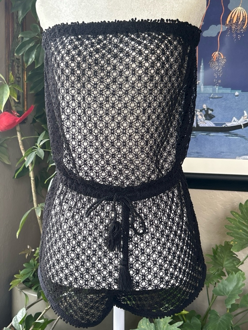 Victorias Secret Sheer Black Crochet Strapless Tunic with Tie Waist
